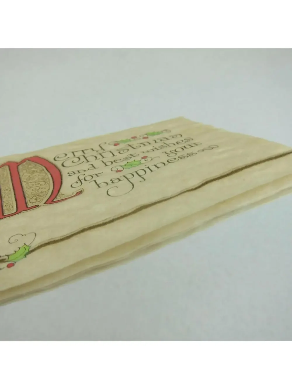 Vintage Merry Christmas Rice Paper Card Greeting UNSIGNED Candle Holly Berries
